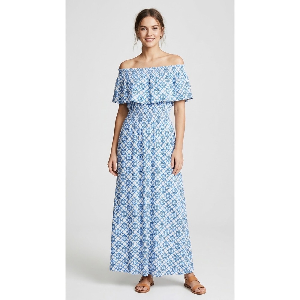 Chico's Maxi Dress Blue White Geometric Smocked Off Shoulder Size 0 (4-6)